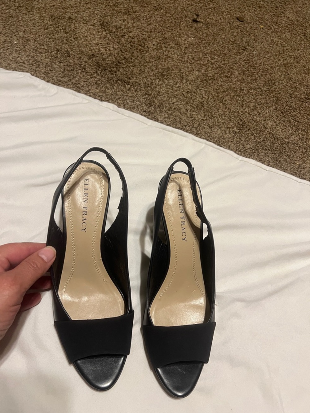 Ellen Tracy dark blue leather upper sling back peep toe wedge